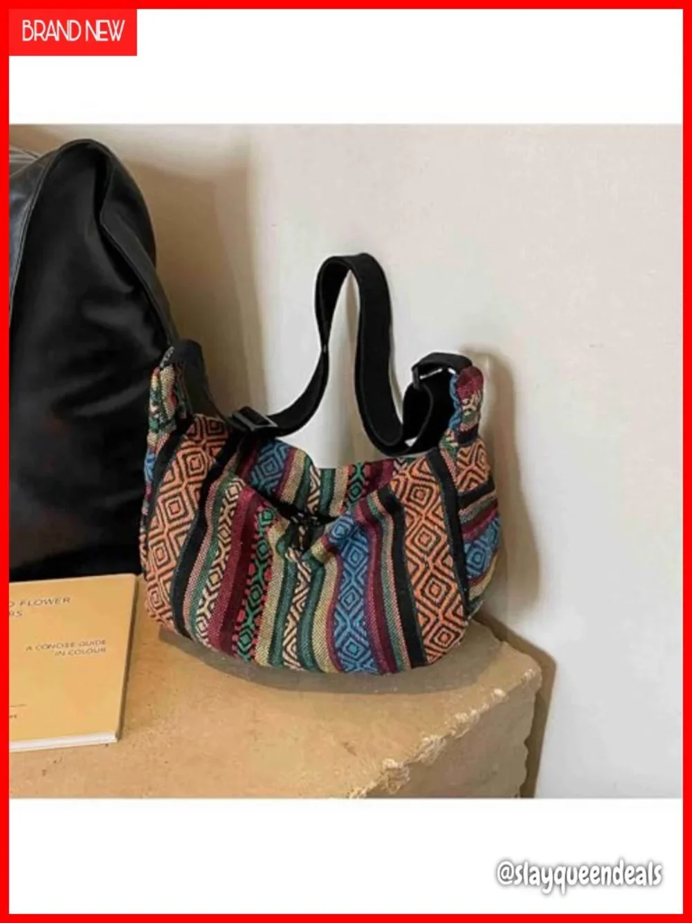 Boho woven hobo crossbody bag, ethnic geometric pattern, adjustable strap